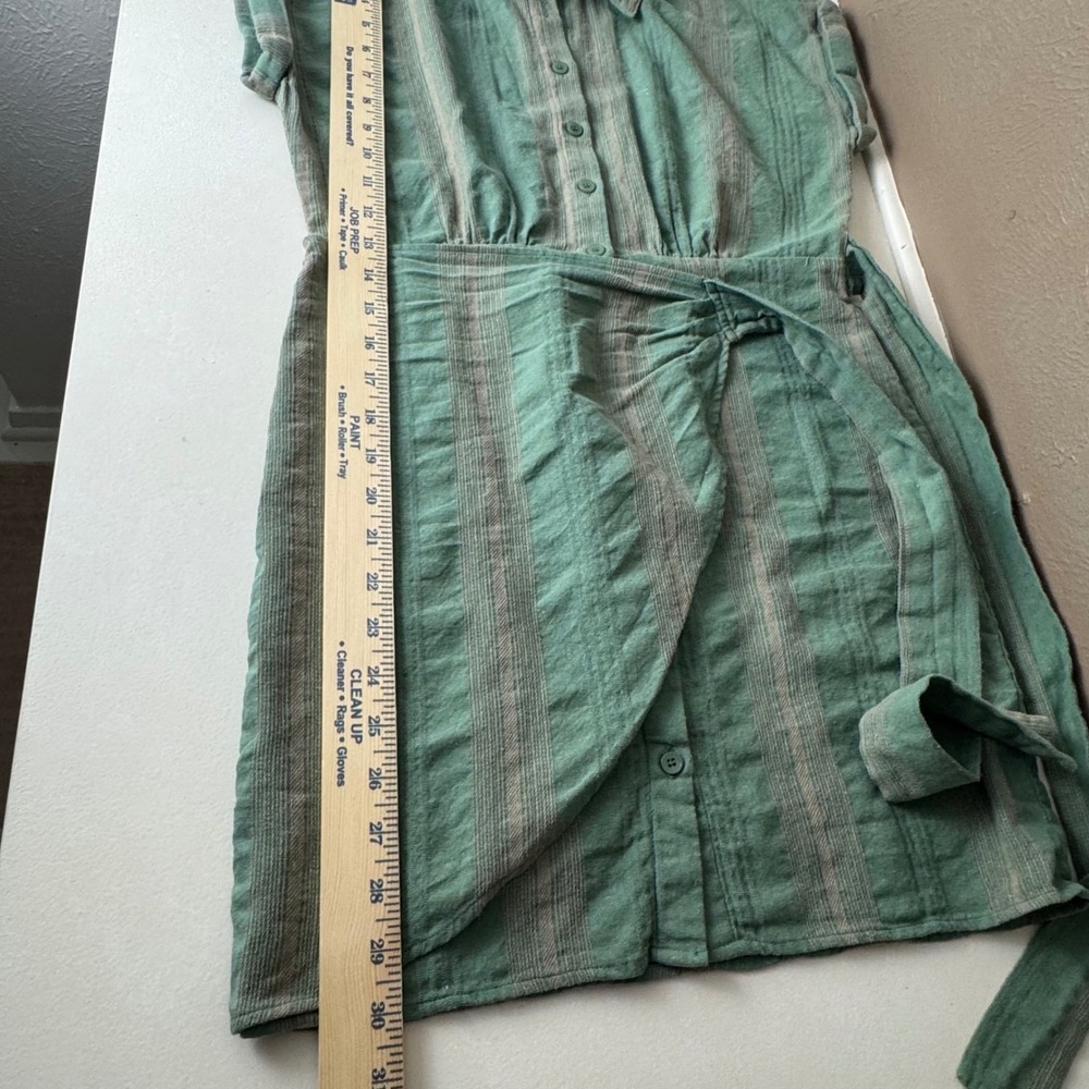 Sage Green Striped Wrap Tie Waist Button Front Dress XS Cottagecore Travel Linen - Picture 9 of 10